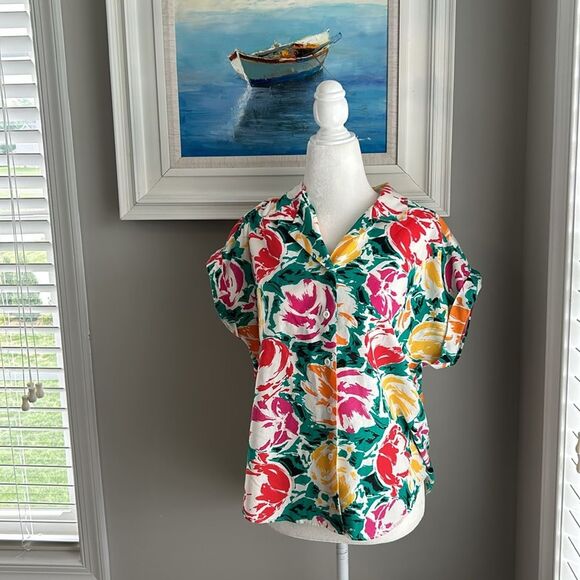 Vintage 80s Judy Bond Shortsleeve Button Up Floral Tulip Blouse Made in the USA - Picture 4 of 14
